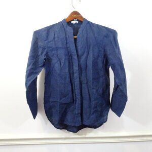 Mario Romano Linen Top Button Front Mandarin Collar Size XS Navy Blue Relaxed
